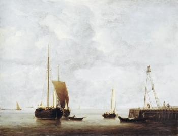 A Dutch Hoeker at Anchor near a Pier